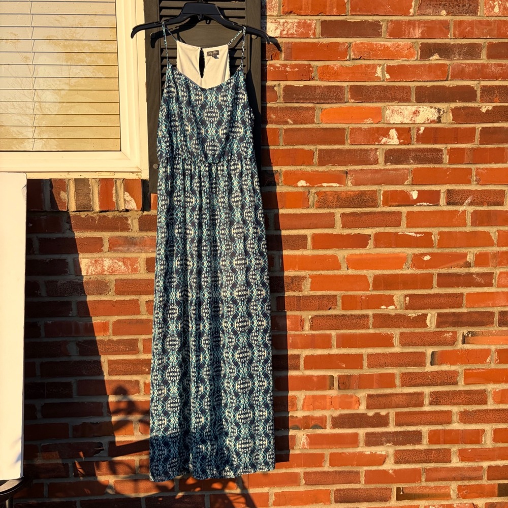 Lily Rose Blue Teal Ikat Geometric Maxi Dress High Neck Halter Medium